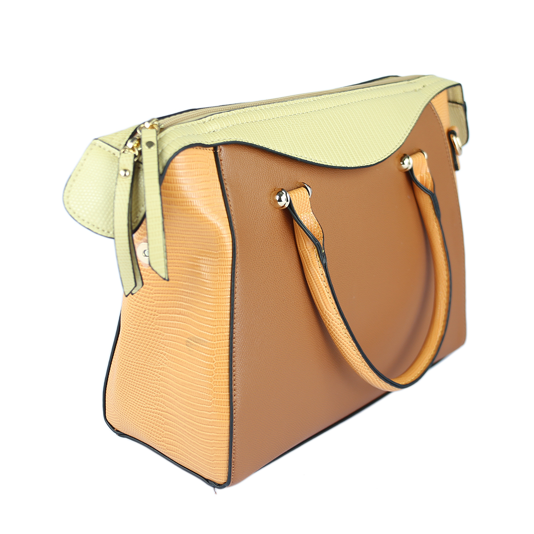 Multi-toned tote bag with textured side panels and top handles