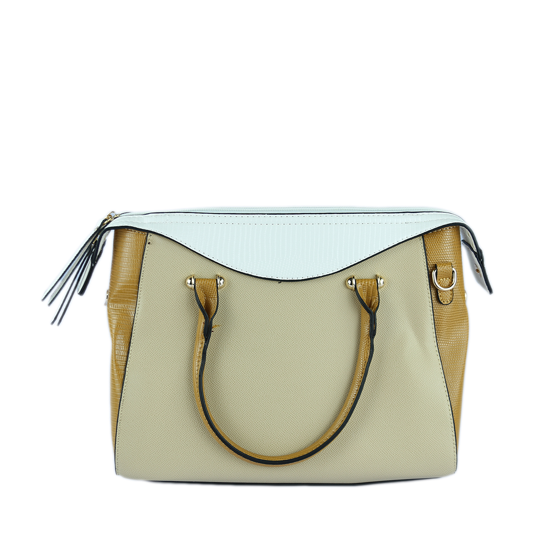 Multi-toned tote bag with textured side panels and top handles
