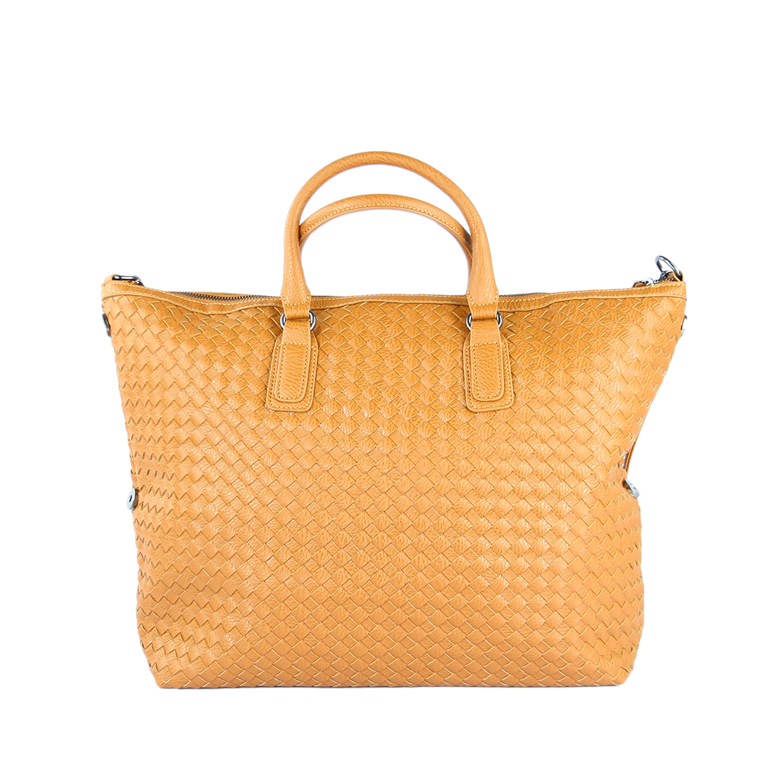 Woven-textured tote bag with top handles and detachable strap