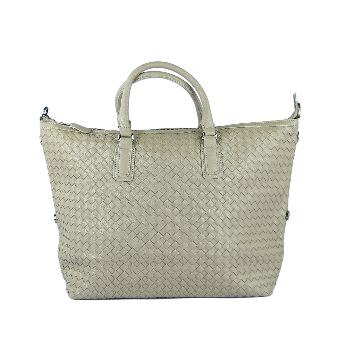 Woven-textured tote bag with top handles and detachable strap