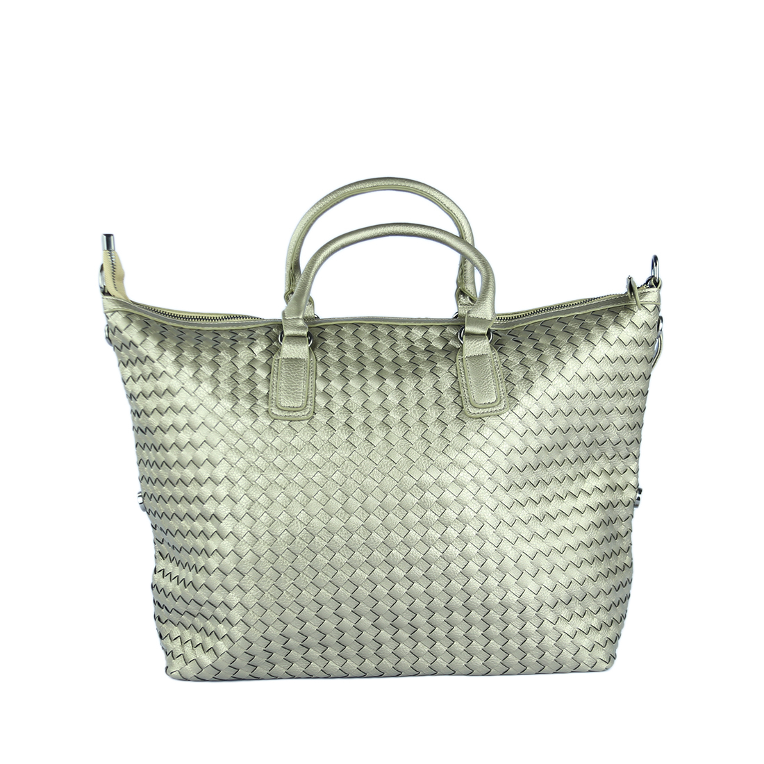 Woven-textured tote bag with top handles and detachable strap