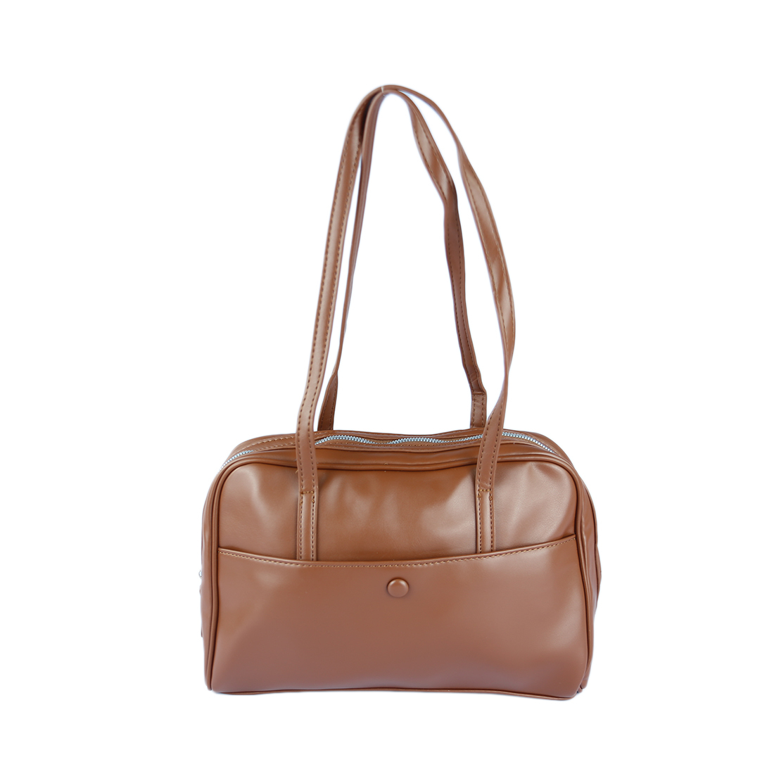 Duffel bag with front pocket and button closure