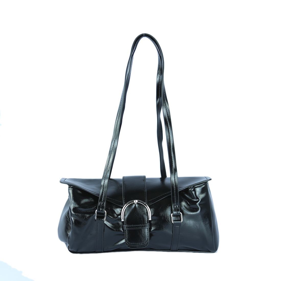 Shiny patent leather shoulder bag with buckle flap closure