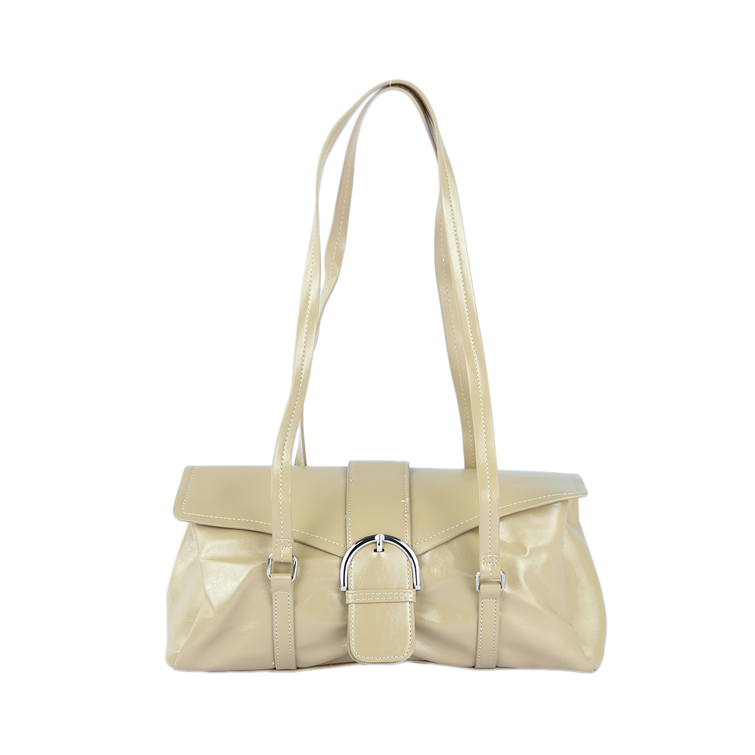 Shiny patent leather shoulder bag with buckle flap closure