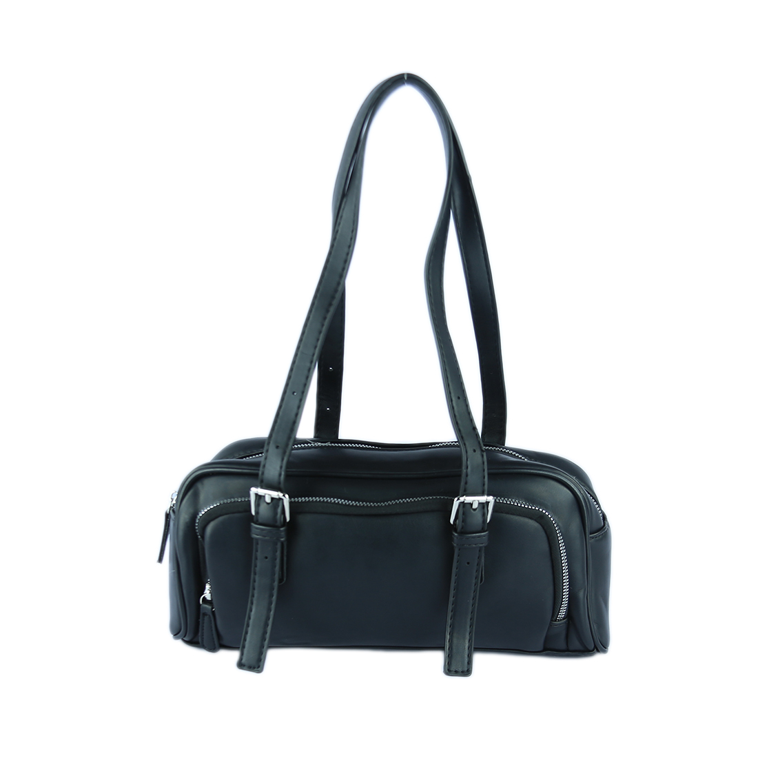 Compact bag with decorative buckles and white stitching