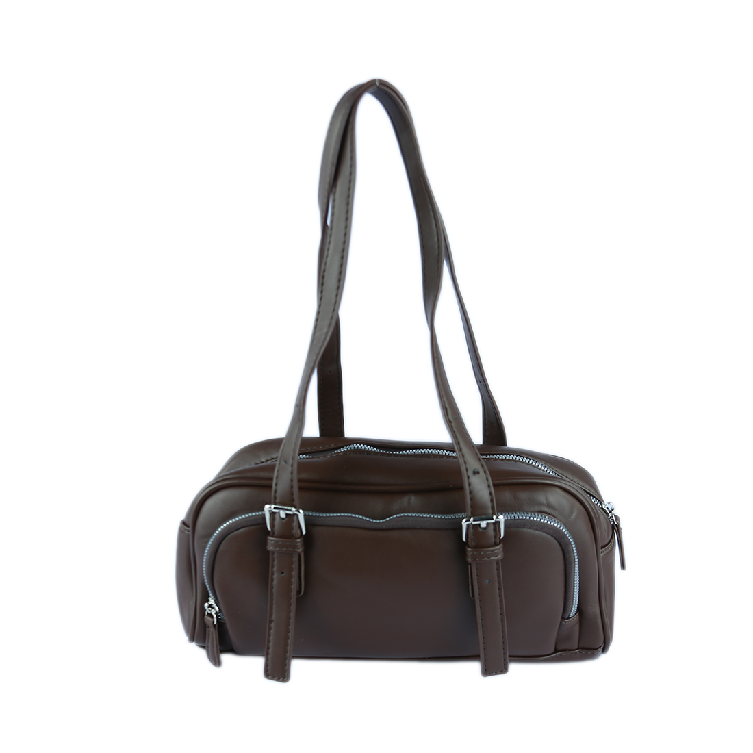 Compact bag with decorative buckles and white stitching