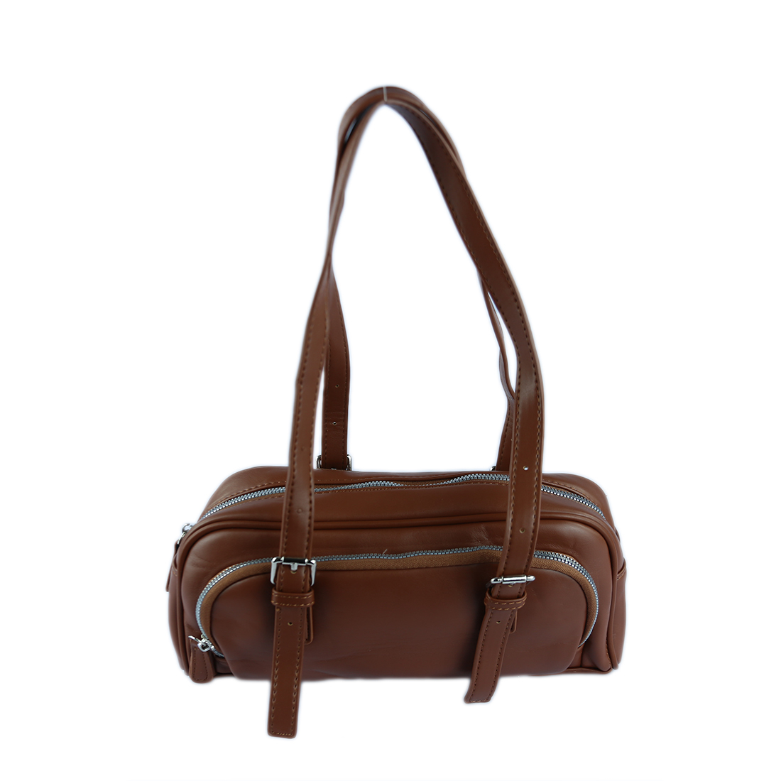 Compact bag with decorative buckles and white stitching