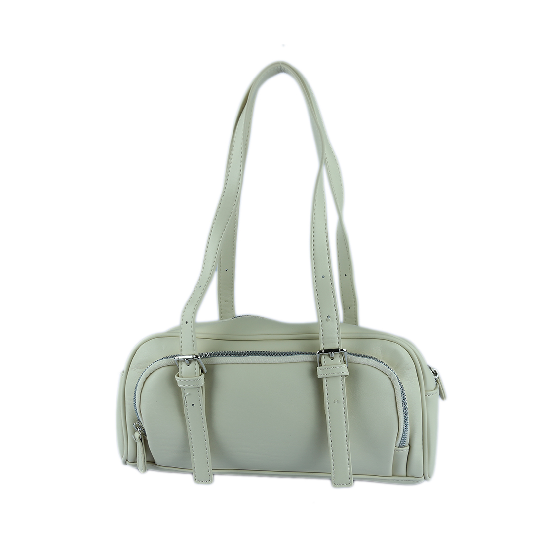 Compact bag with decorative buckles and white stitching