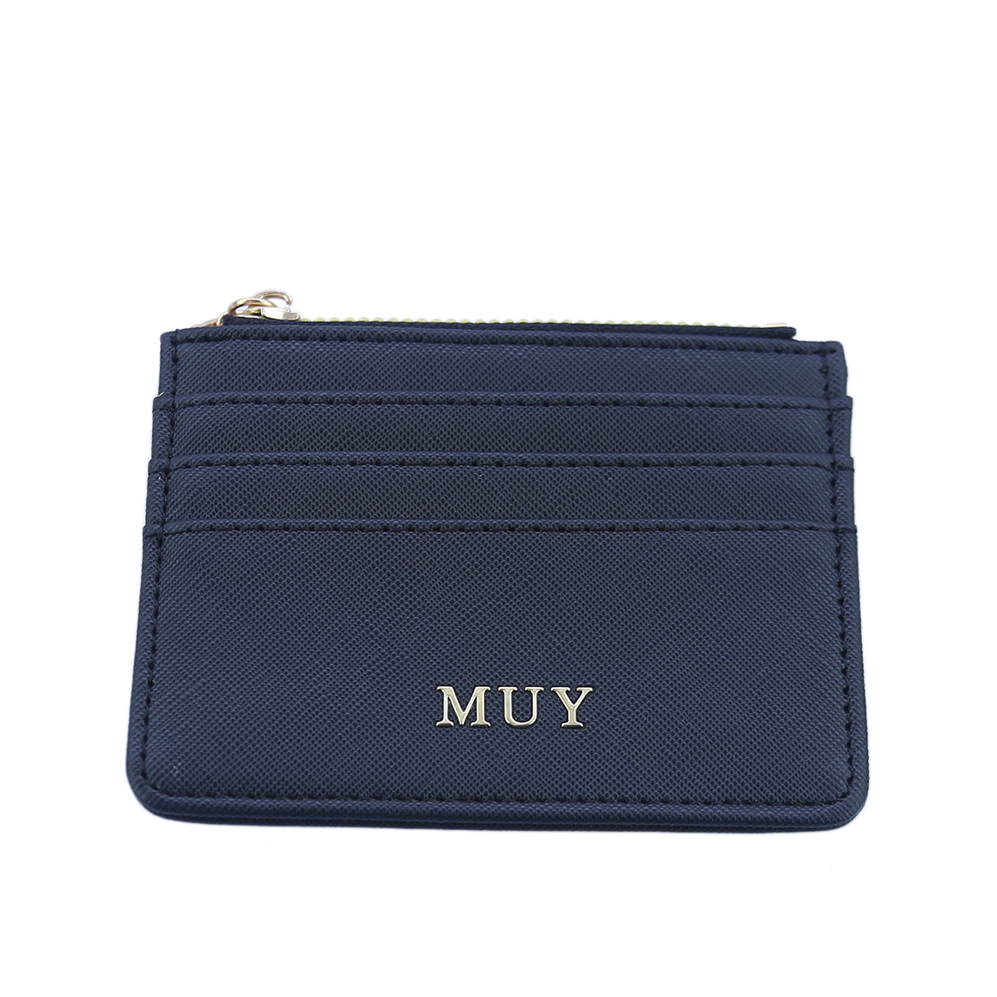 Textured card holder with zip pocket and gold-tone logo.