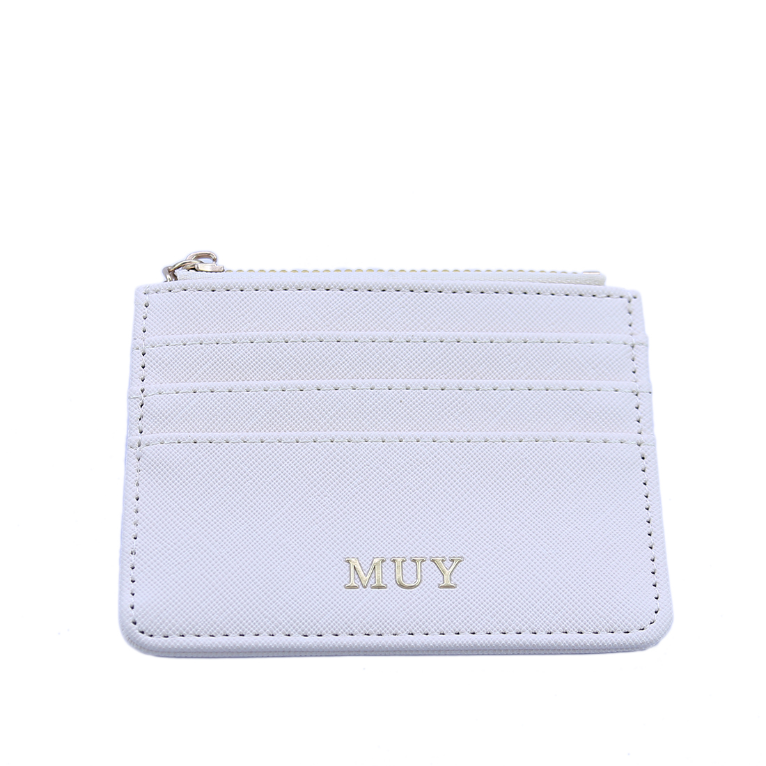 Textured card holder with zip pocket and gold-tone logo.