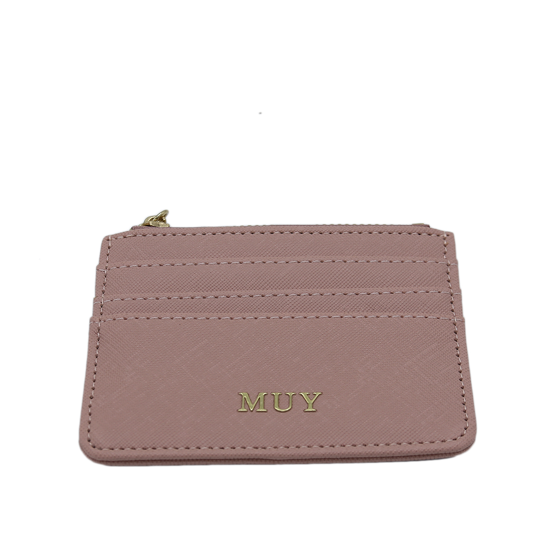 Textured card holder with zip pocket and gold-tone logo.