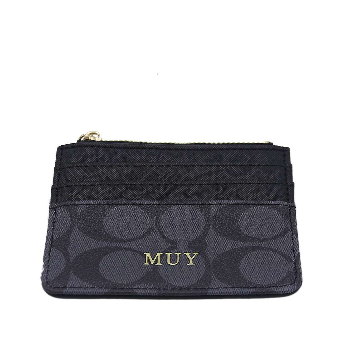 Patterned card holder with zip pocket and gold-tone logo.