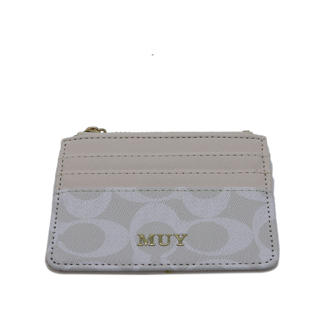 Patterned card holder with zip pocket and gold-tone logo.