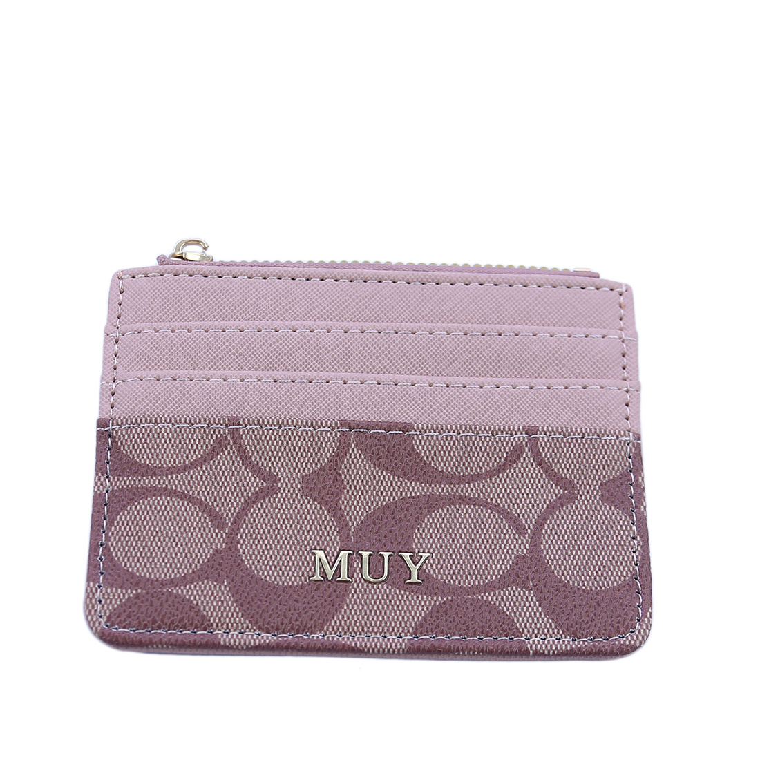 Patterned card holder with zip pocket and gold-tone logo.