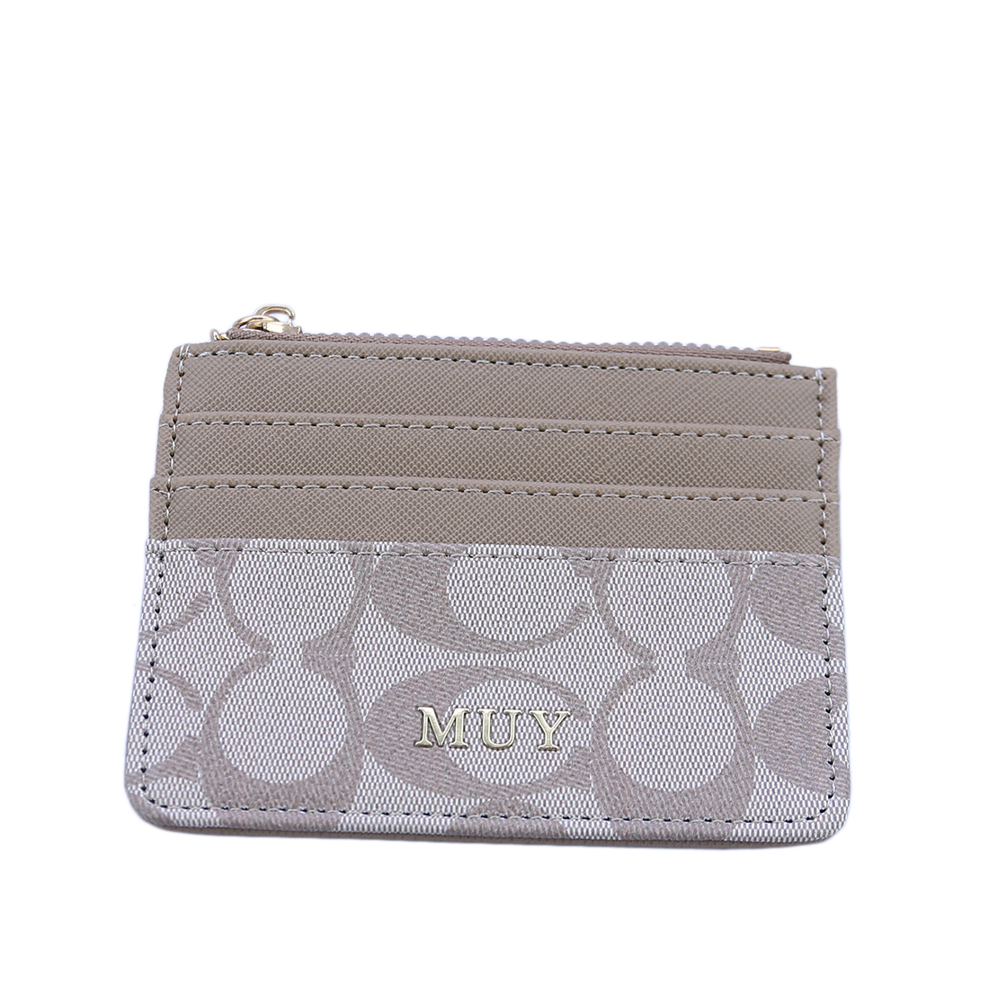 Patterned card holder with zip pocket and gold-tone logo.