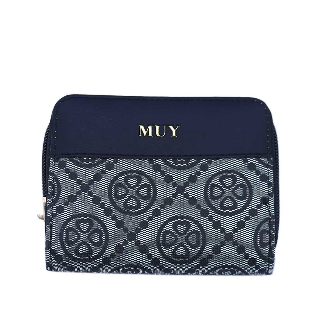 Patterned zip-around wallet with gold-tone logo detail.