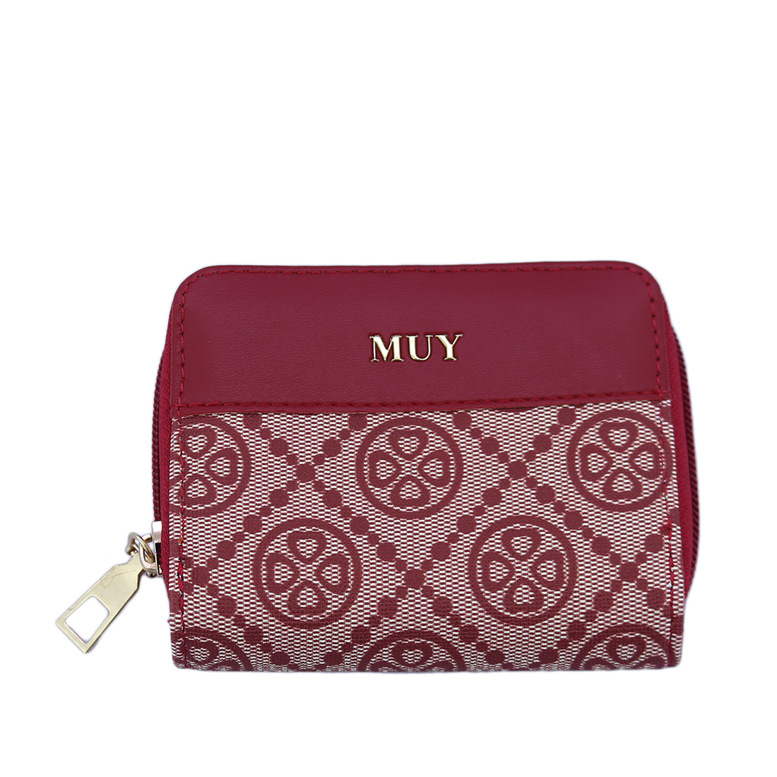 Patterned zip-around wallet with gold-tone logo detail.
