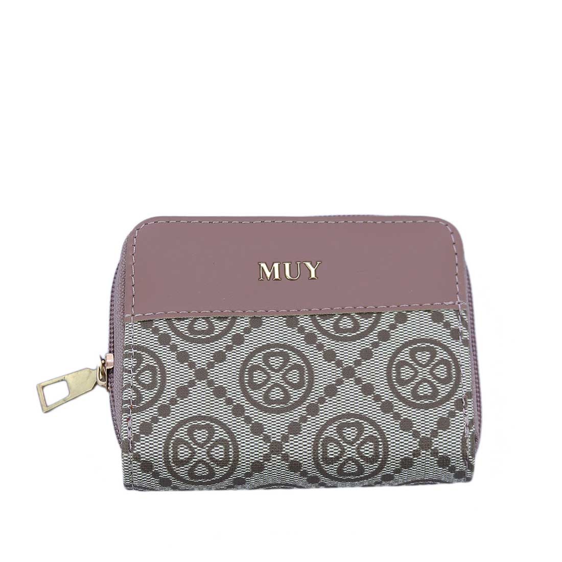 Patterned zip-around wallet with gold-tone logo detail.