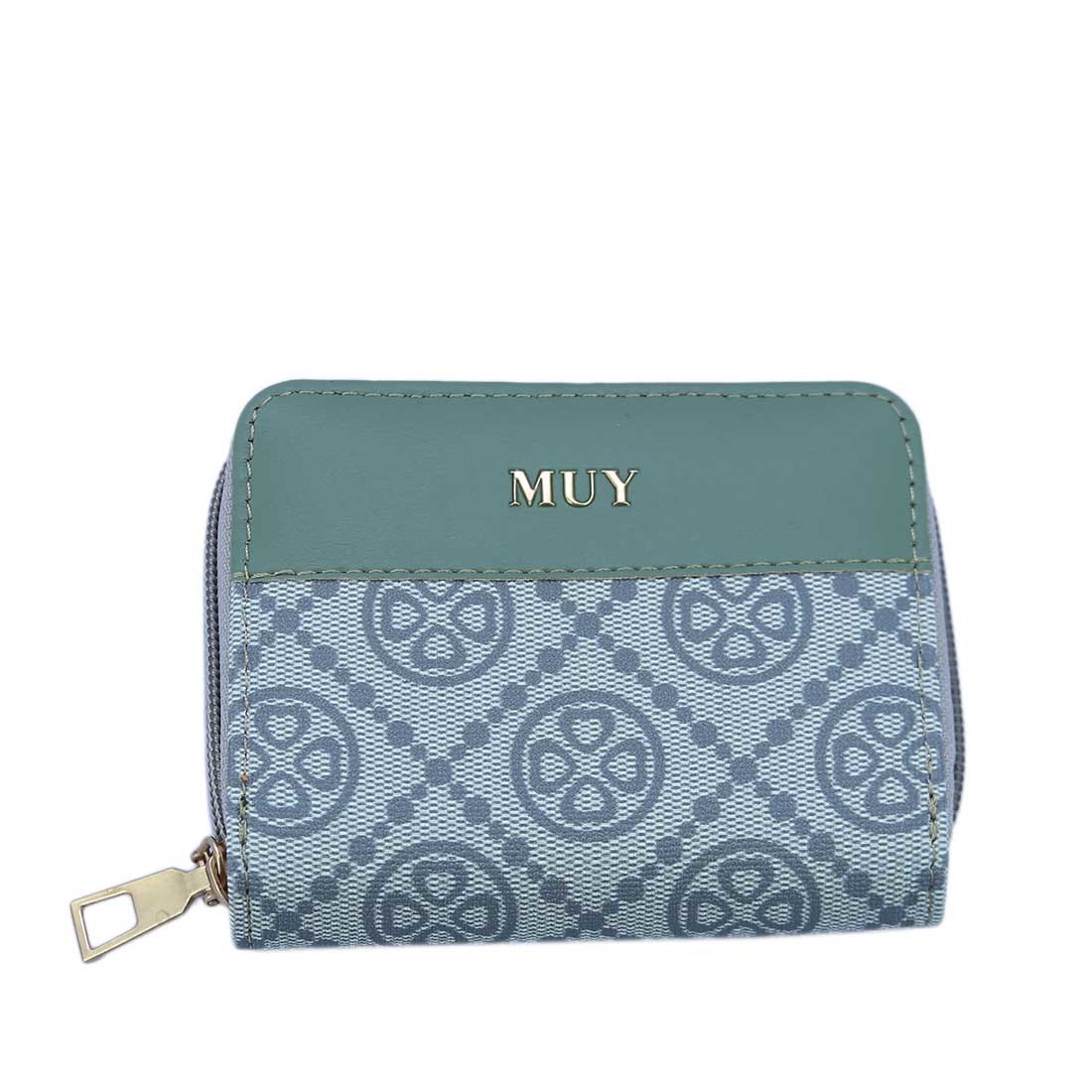 Patterned zip-around wallet with gold-tone logo detail.