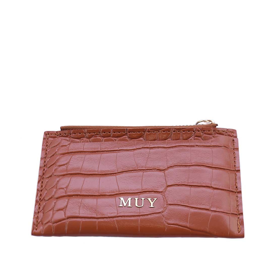 Croc-embossed card holder with ID window and zip pocket.