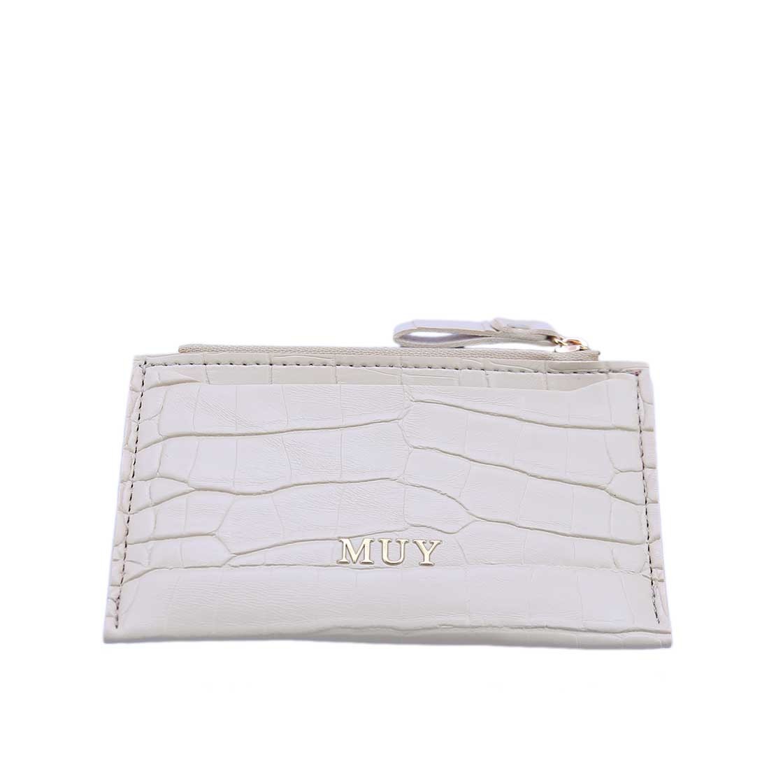 Croc-embossed card holder with ID window and zip pocket.