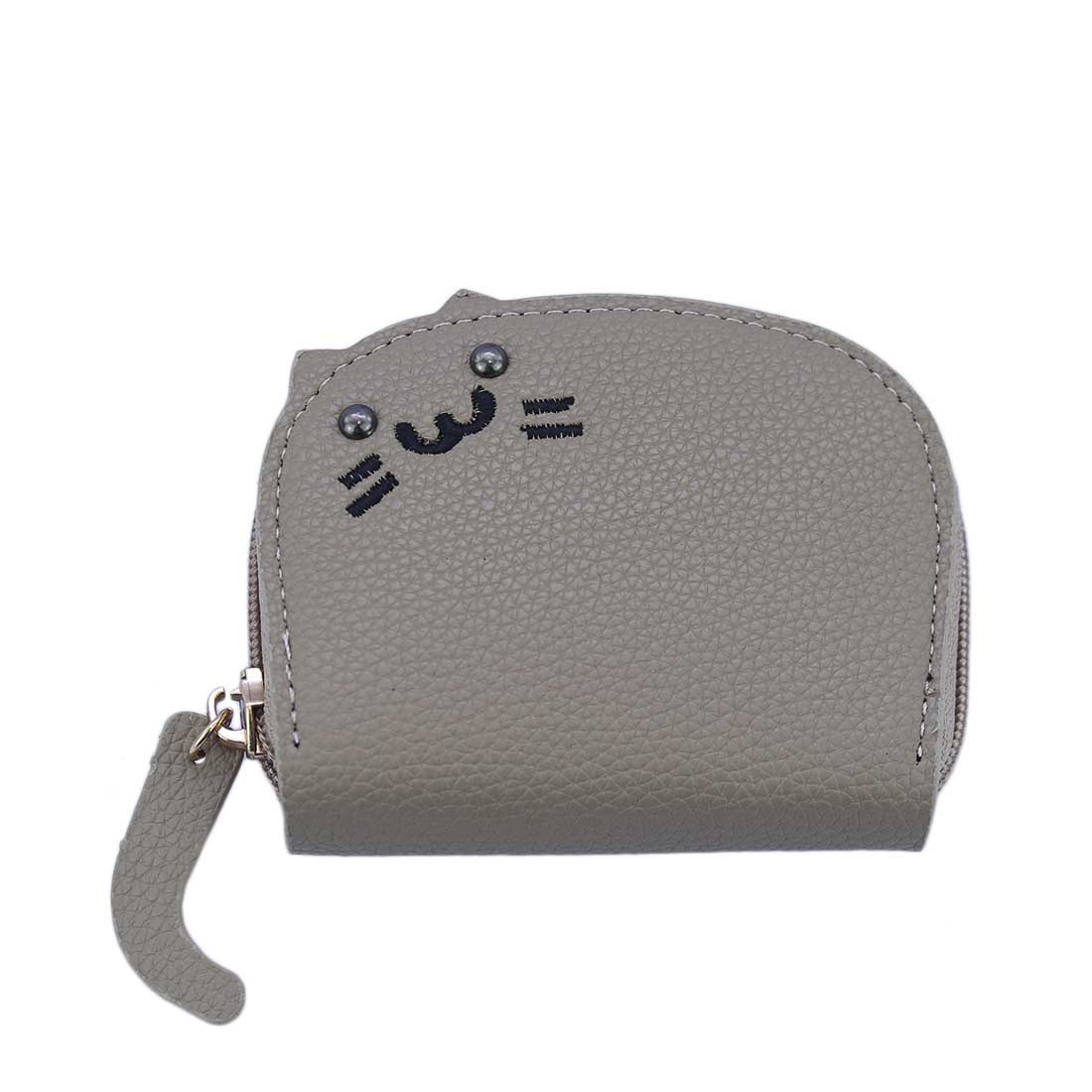 Cute cat-themed coin purse with textured finish and zip closure.