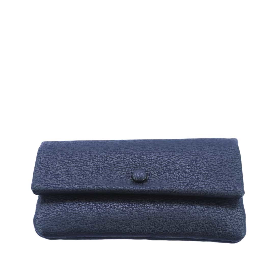 Simple textured wallet with snap button closure.