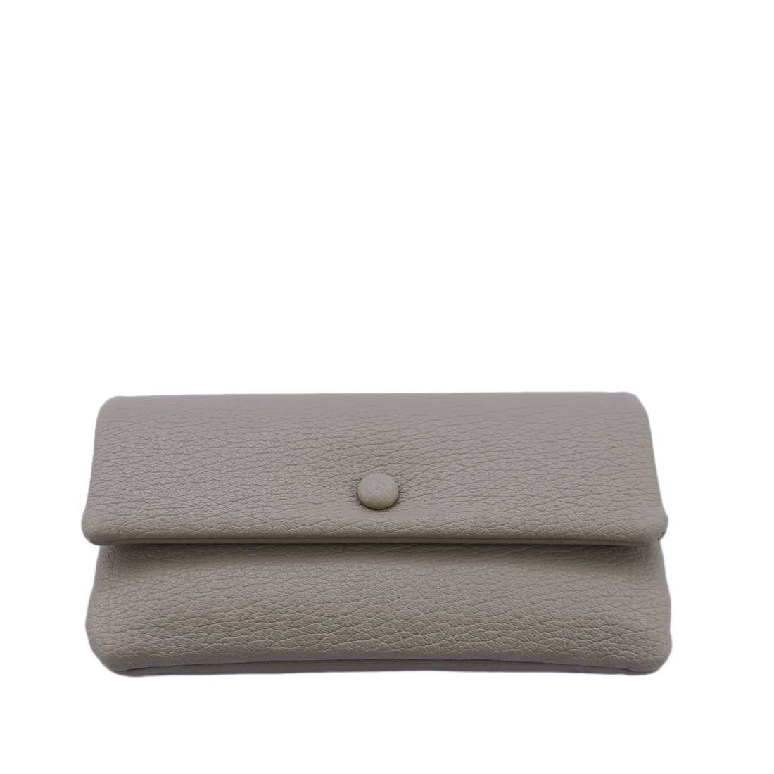 Simple textured wallet with snap button closure.