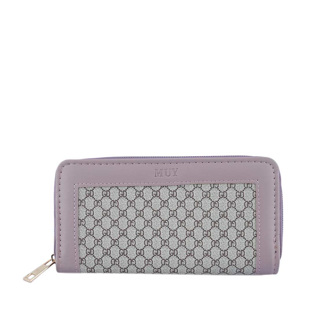 A zippered wallet with a repeating logo pattern.