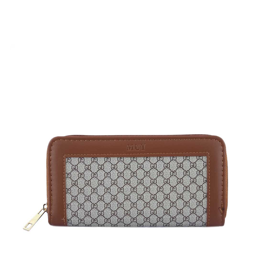 A zippered wallet with a repeating logo pattern.