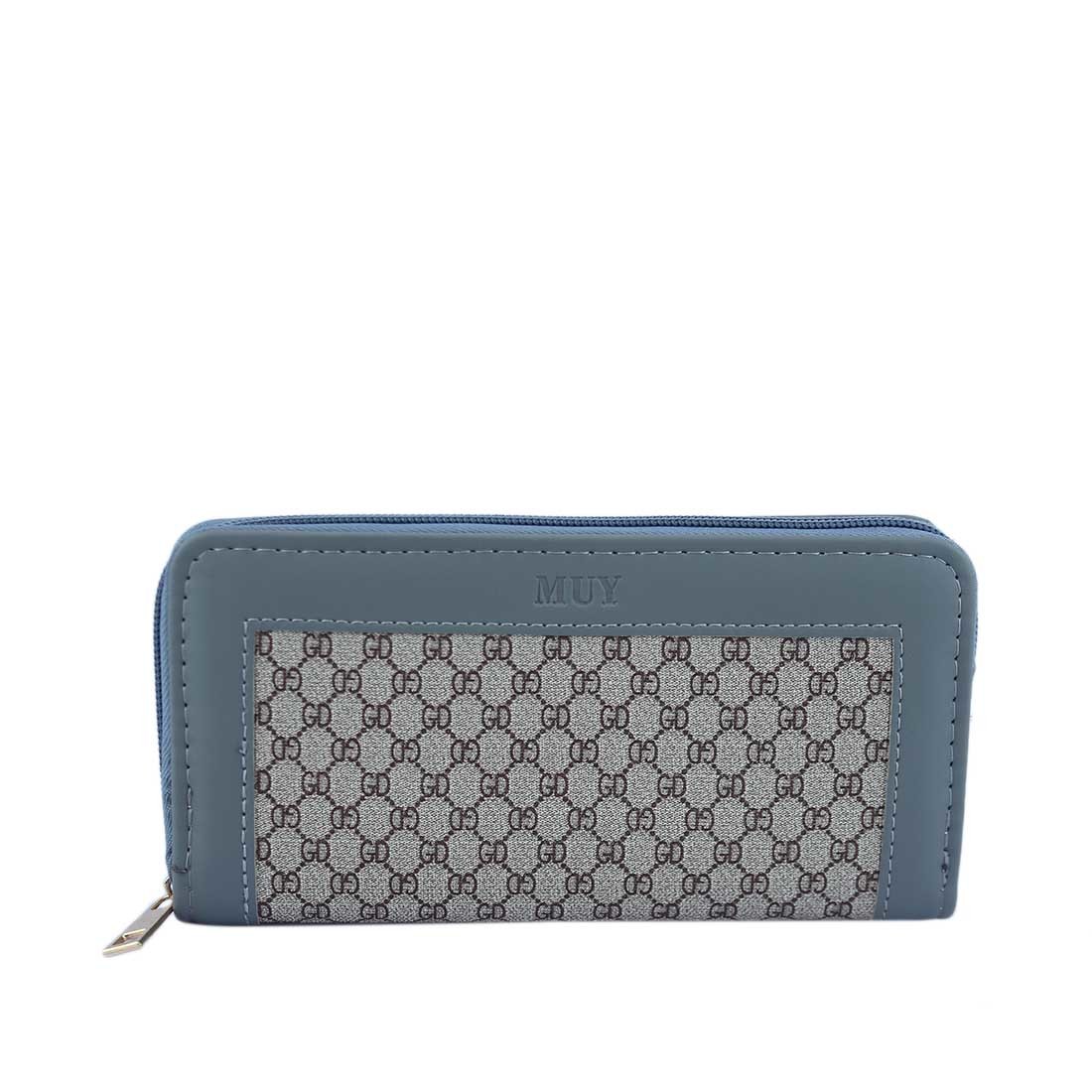 A zippered wallet with a repeating logo pattern.