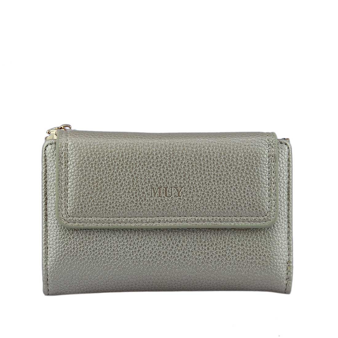 Compact bi-fold wallet with a classic snap closure.