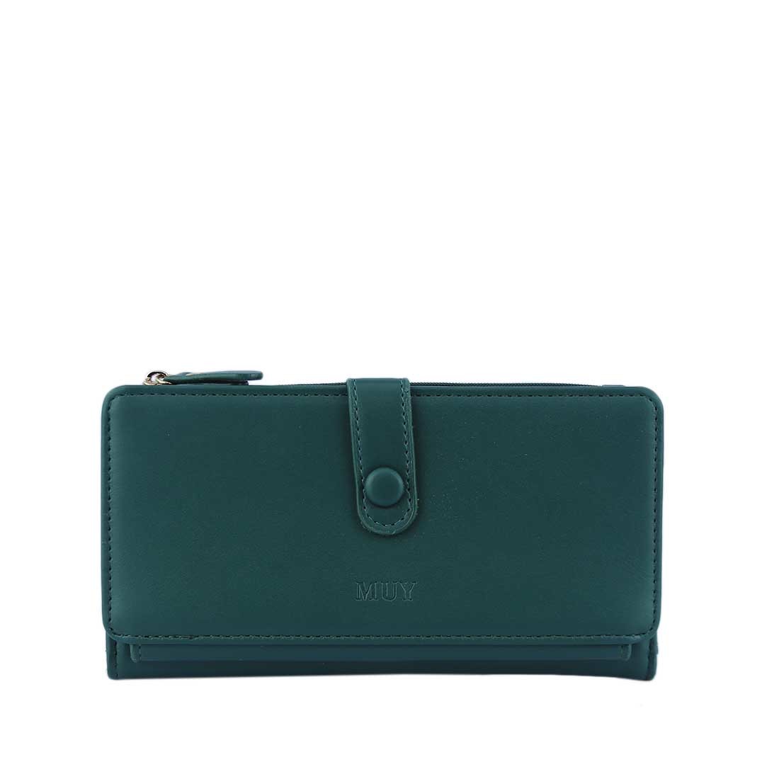 A long wallet with a front flap and snap closure.