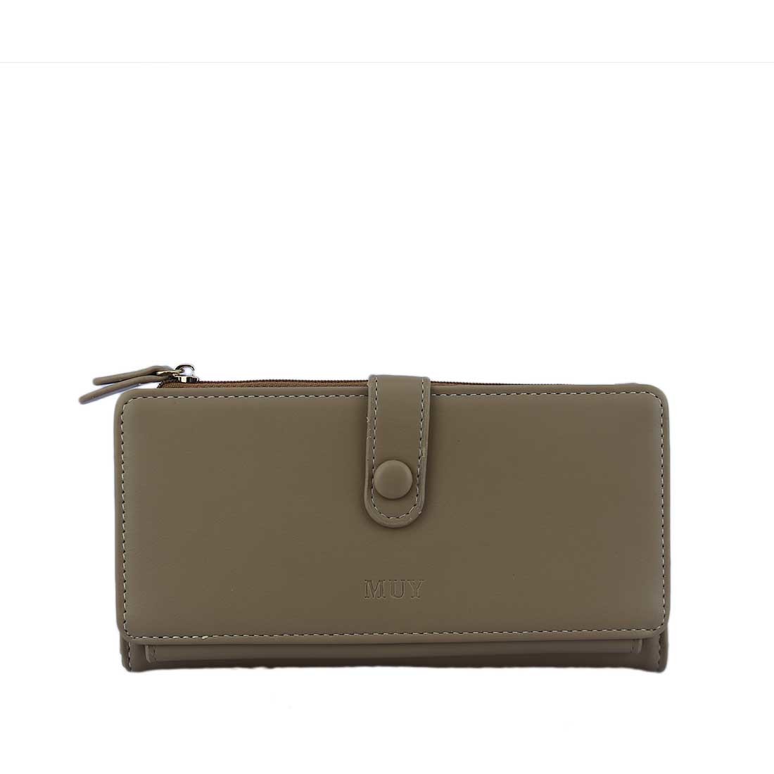 A long wallet with a front flap and snap closure.