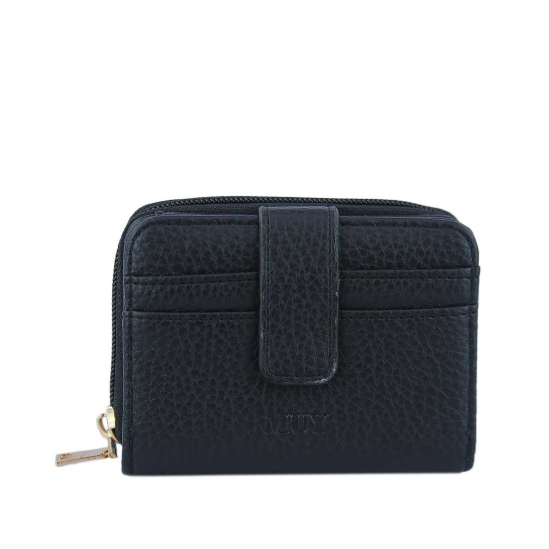 A compact wallet with card slots and a snap closure.