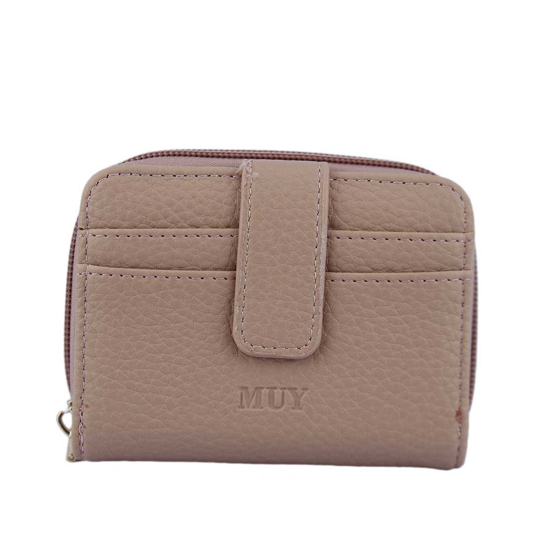A compact wallet with card slots and a snap closure.
