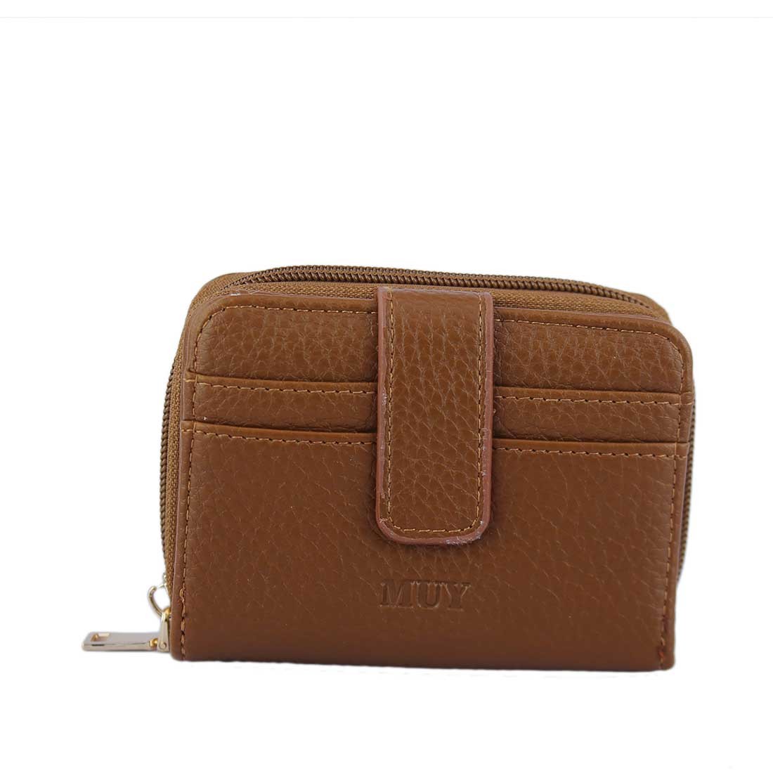 A compact wallet with card slots and a snap closure.