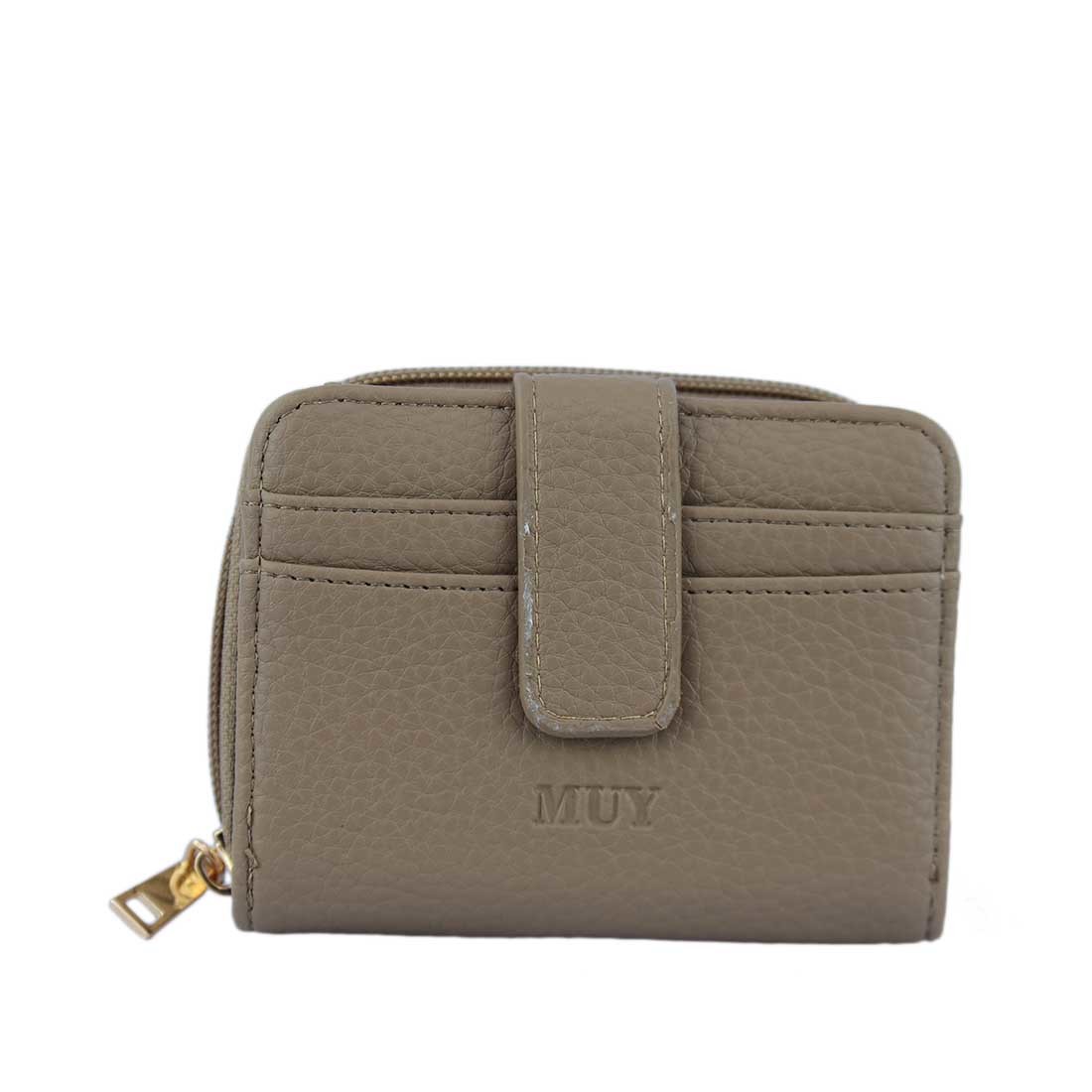 A compact wallet with card slots and a snap closure.