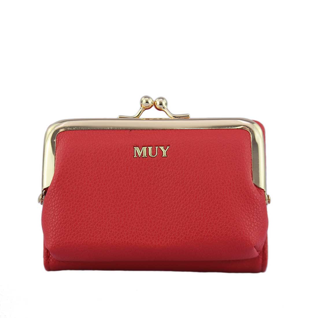 A rectangular wallet with card slots and a snap closure.