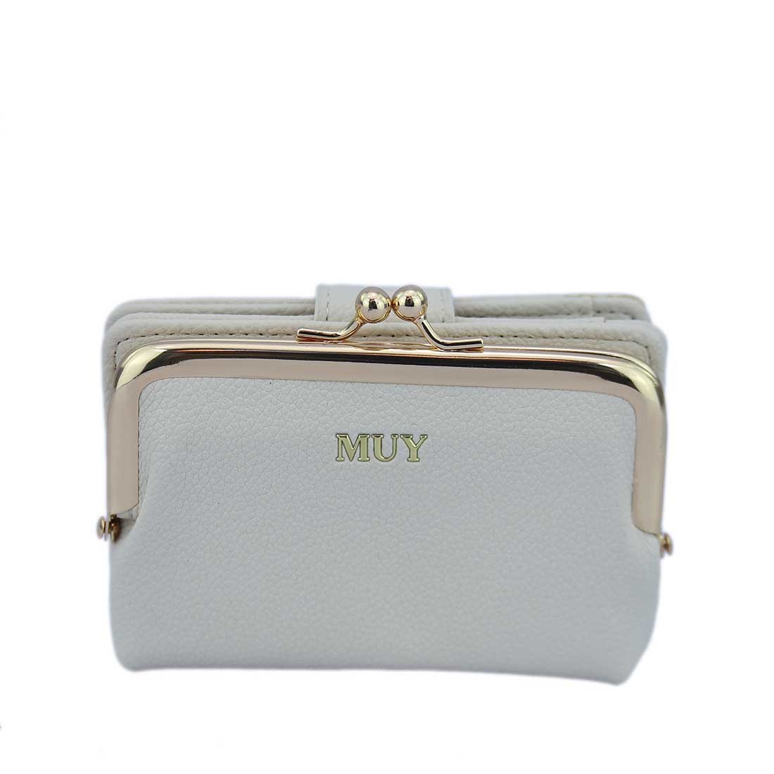 A rectangular wallet with card slots and a snap closure.