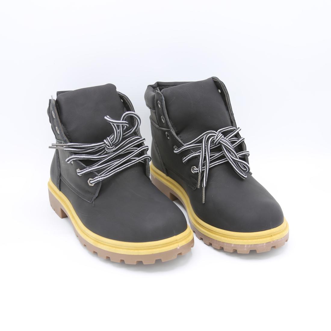 Lace-up boots with padded collars and rugged soles.