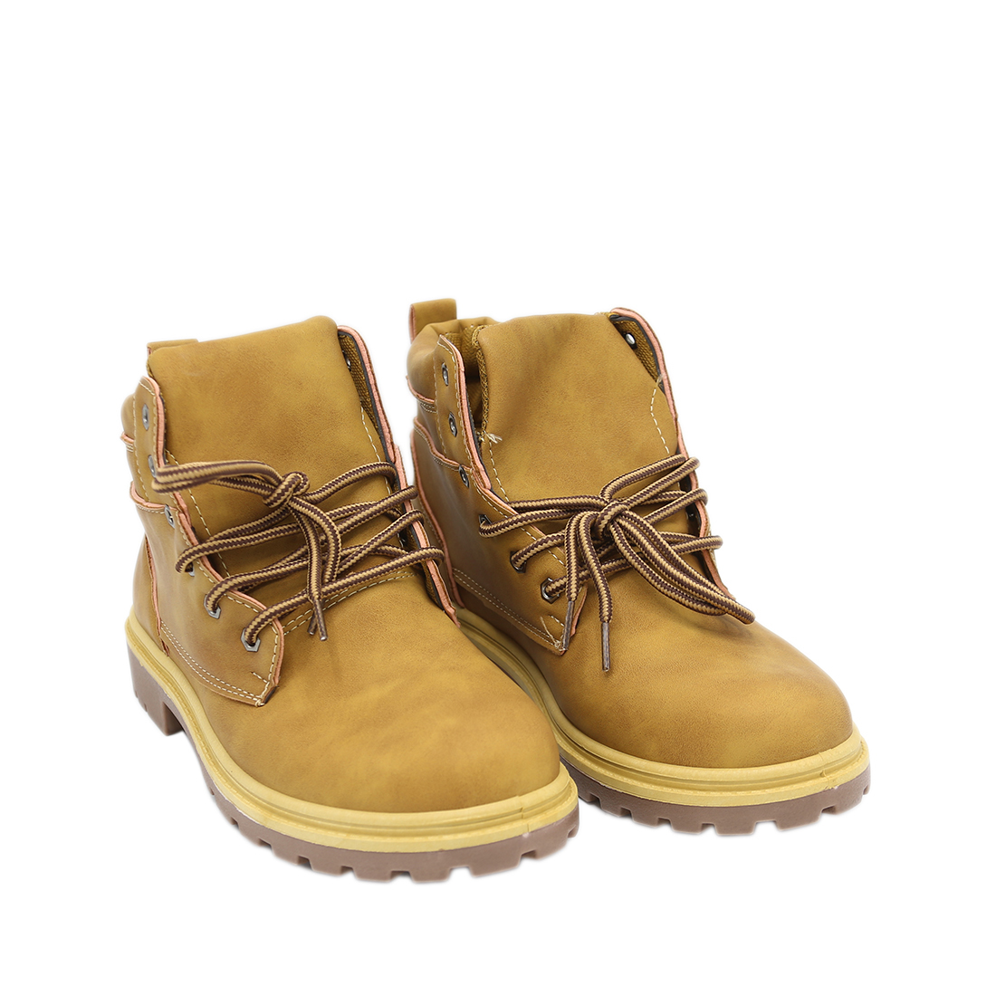 Lace-up boots with padded collars and rugged soles.