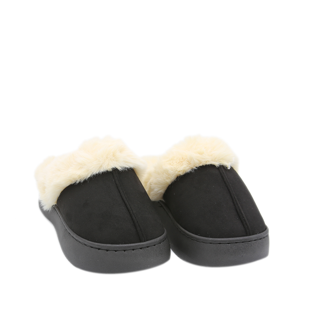 Slip-on shoes with plush faux fur trim.