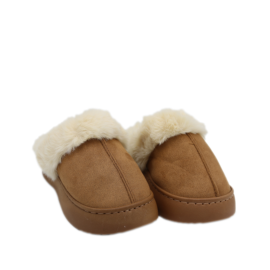 Slip-on shoes with plush faux fur trim.