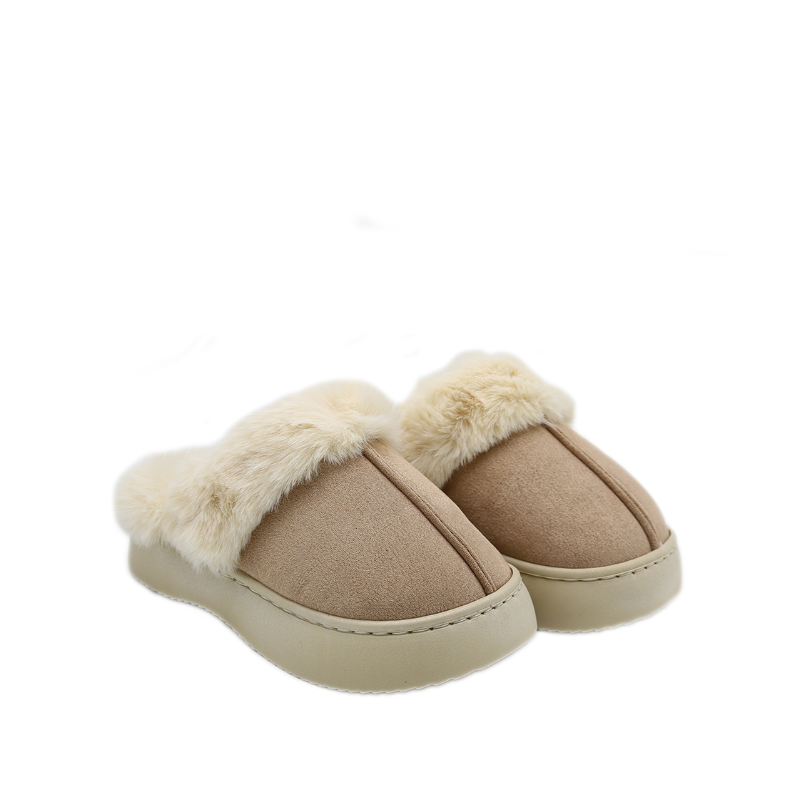 Slip-on shoes with plush faux fur trim.