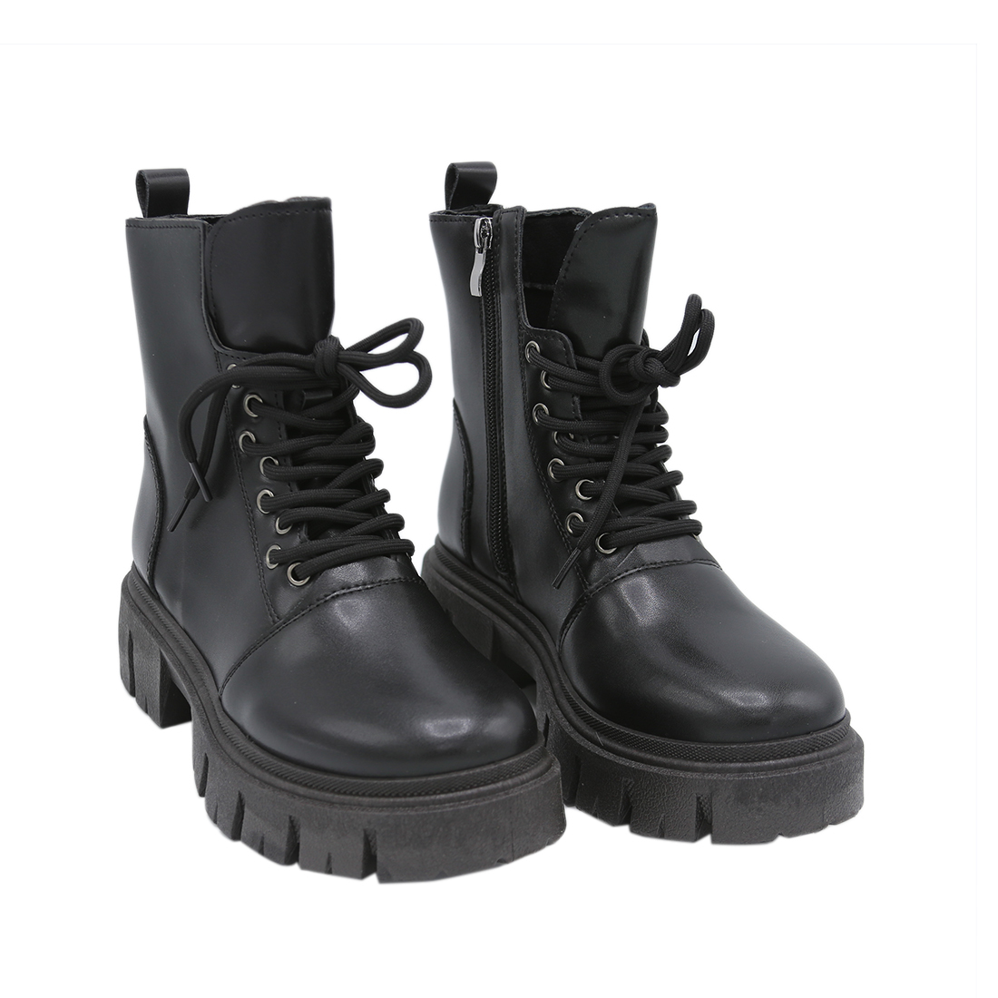 Chunky lace-up boots with side zippers.