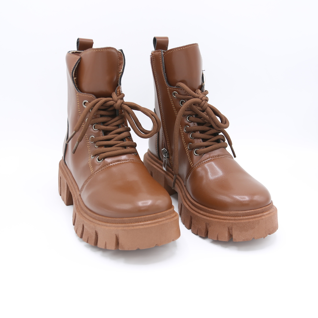 Chunky lace-up boots with side zippers.