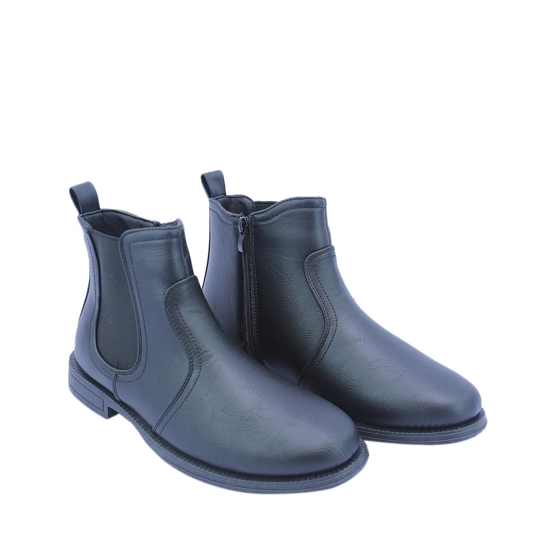 Classic ankle boots with side zippers and pull tabs.