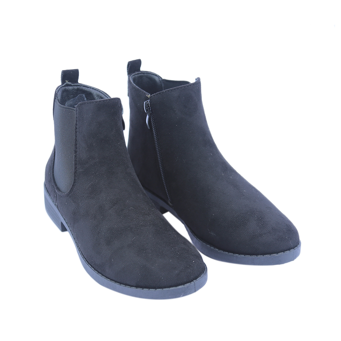 Suede ankle boots with side zippers and pull tabs.