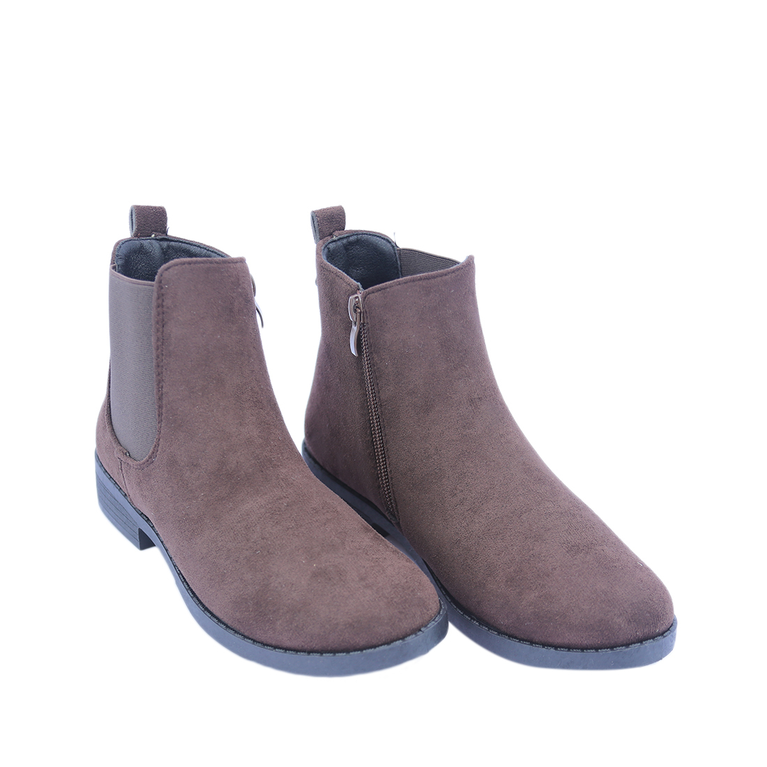 Suede ankle boots with side zippers and pull tabs.